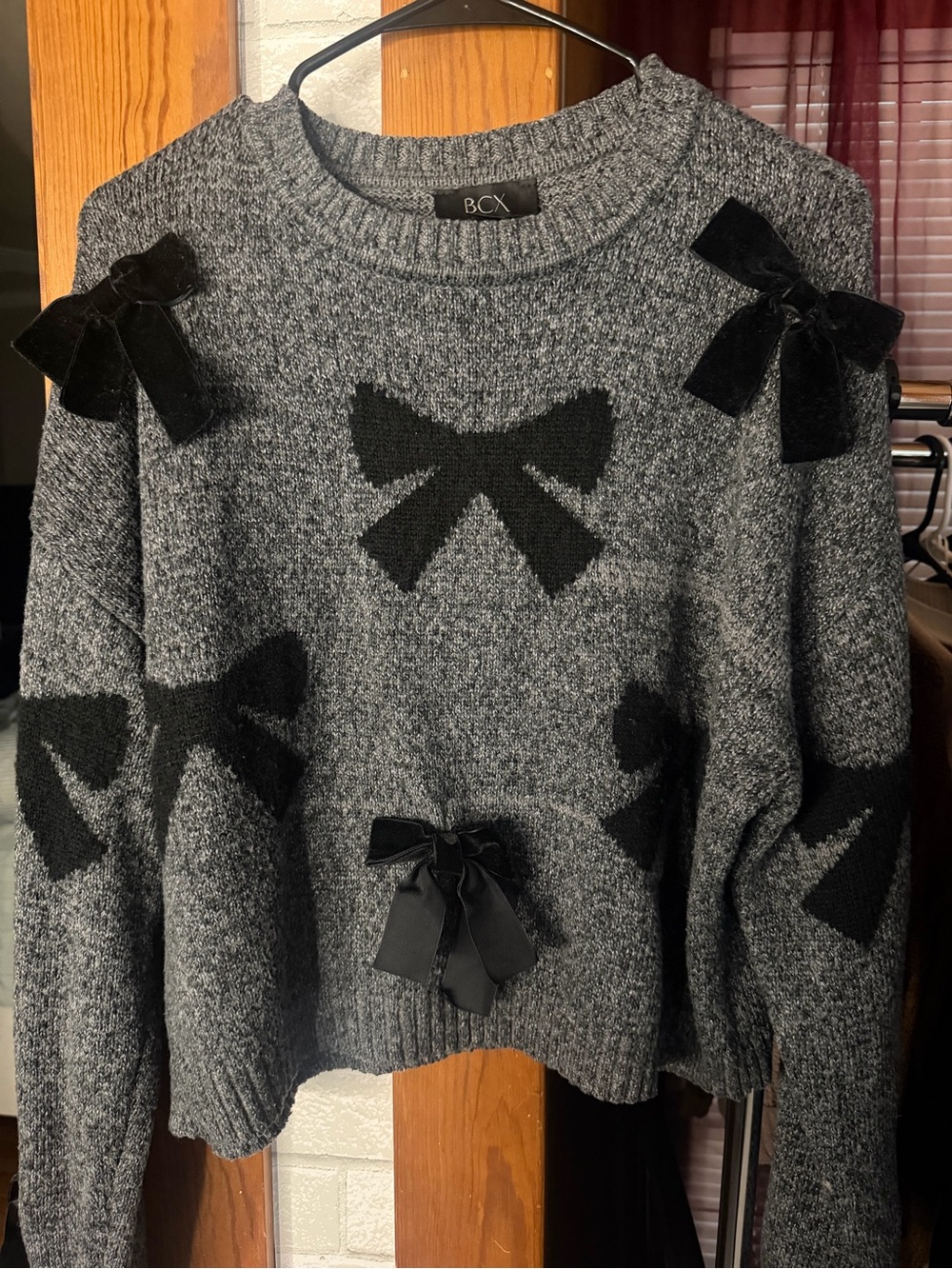 BCX Gray Knit Sweater with Black Bow Accents
